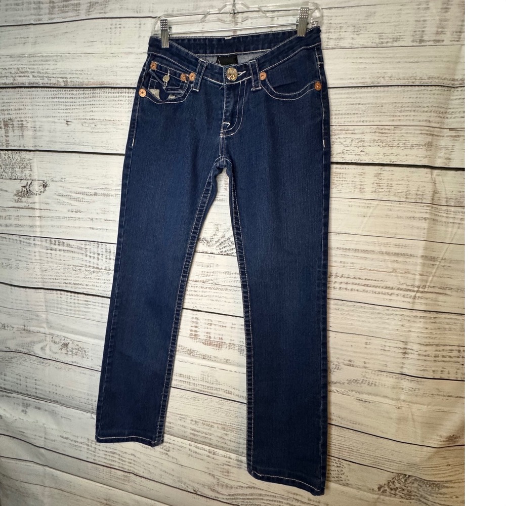 True Religion Billy Super T Dark Wash Sequin Horseshoe Straight Leg Jeans Womens